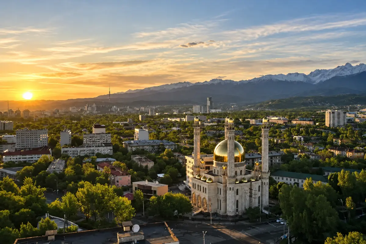 Almaty city skyline with mountains behind